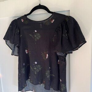 Ailanto Anthropologie Black Floral Flutter Sleeve Sheer Blouse